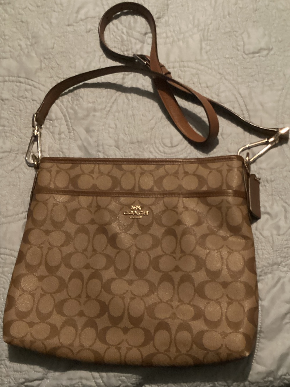 Coach Signature Jacquard Crossbody in Light Brown and Tan